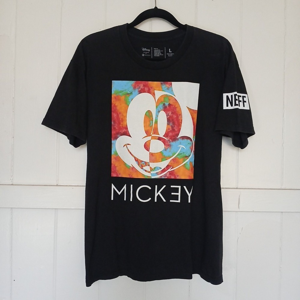Disney × Neff T-Shirt Mickey Mouse Logo Spell Out Men's Large‎ Black Cotton SS